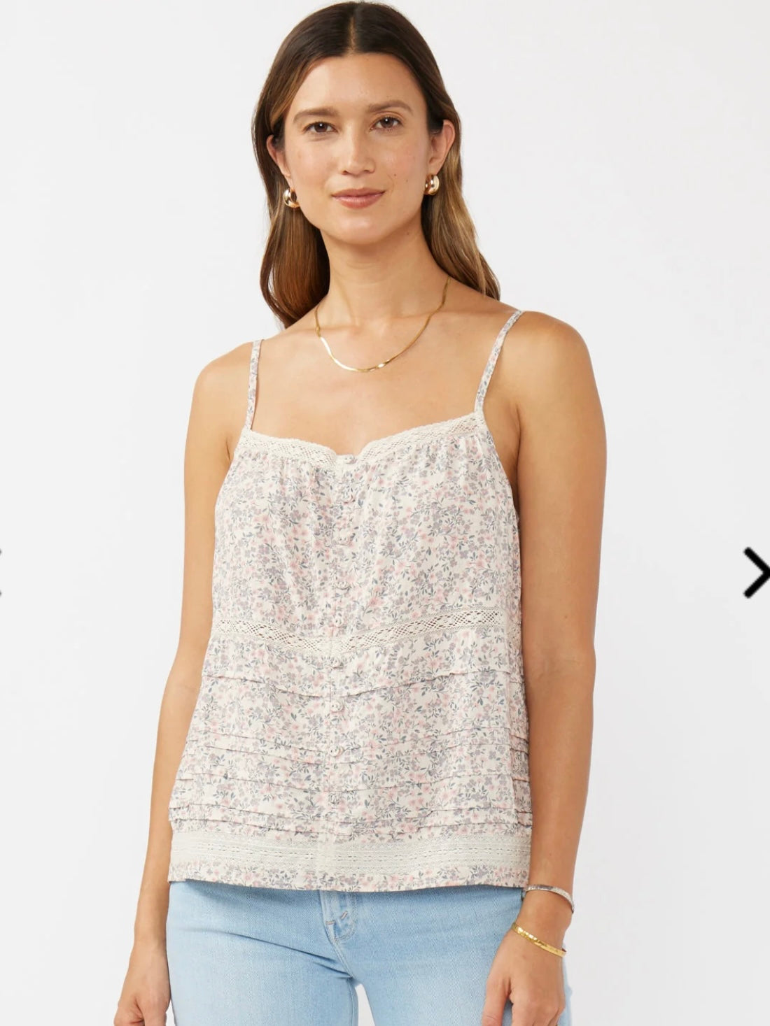 Lace Trimmed Button Down Floral Spaghetti Tank in Natural/Pink