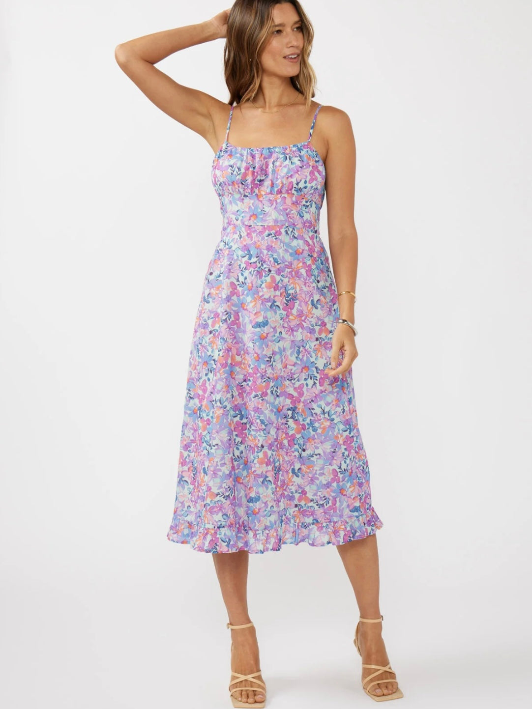 Spaghetti Strap Gathered Bust Midi Dress in Light Blue/Plum