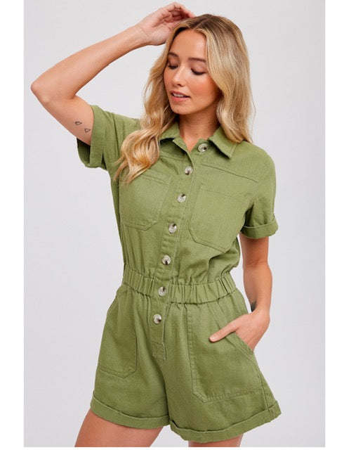 Button Front Cotton Romper in Light Olive