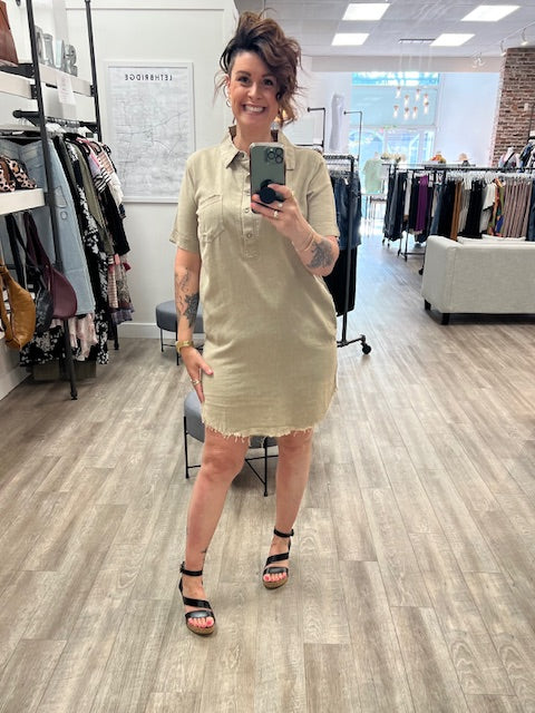 Washed Linen Raw Edge Button Down Dress in Beige