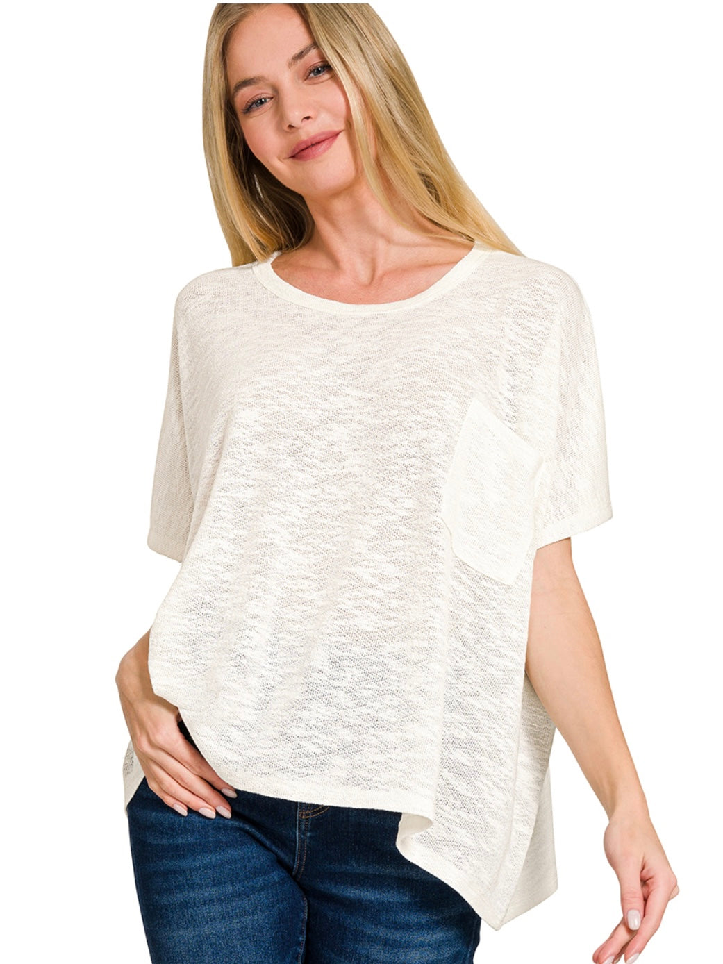 Oversized Slub Hacci Top With Pocket in Ivory