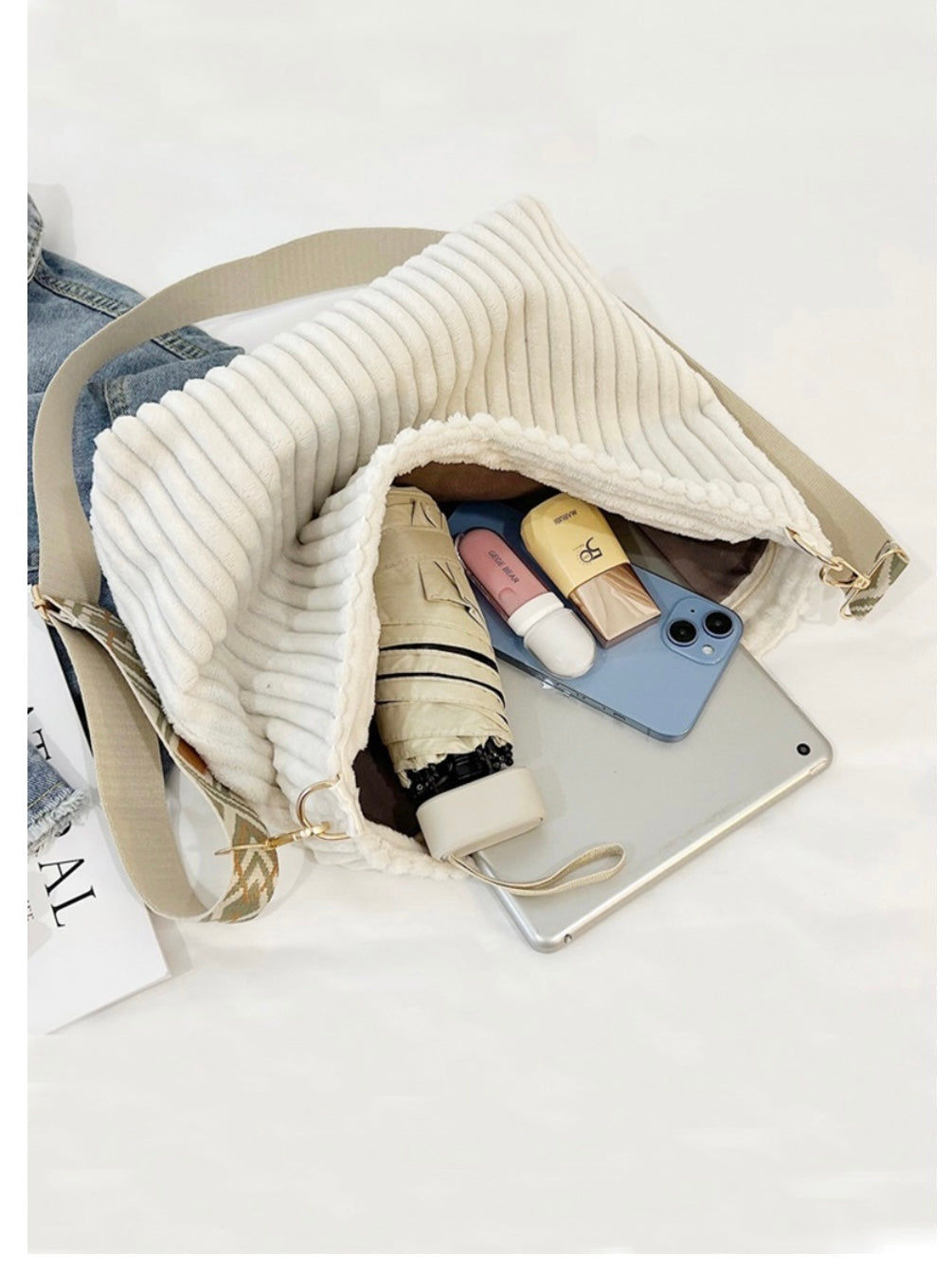 Corduroy Tote Bag With Guitar Shoulder Strap