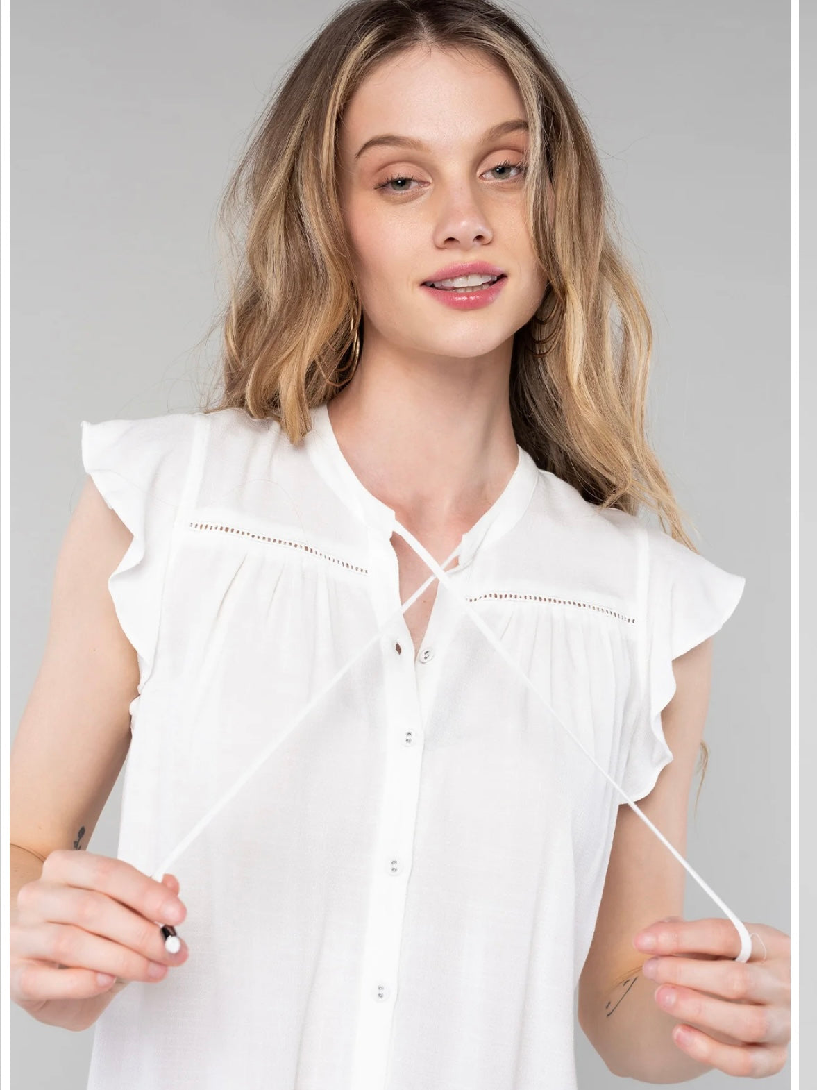 Flutter Cap Sleeve Button Down Tie Neck Blouse in Vanilla