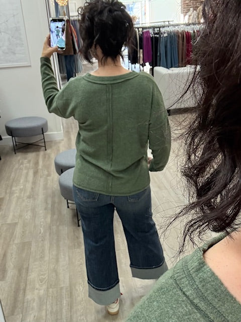 Ribbed V-Neck Drop Shoulder Top in Dark Olive