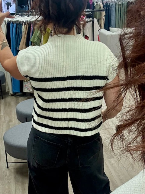 Short Sleeve Stripe Sweater in Ivory
