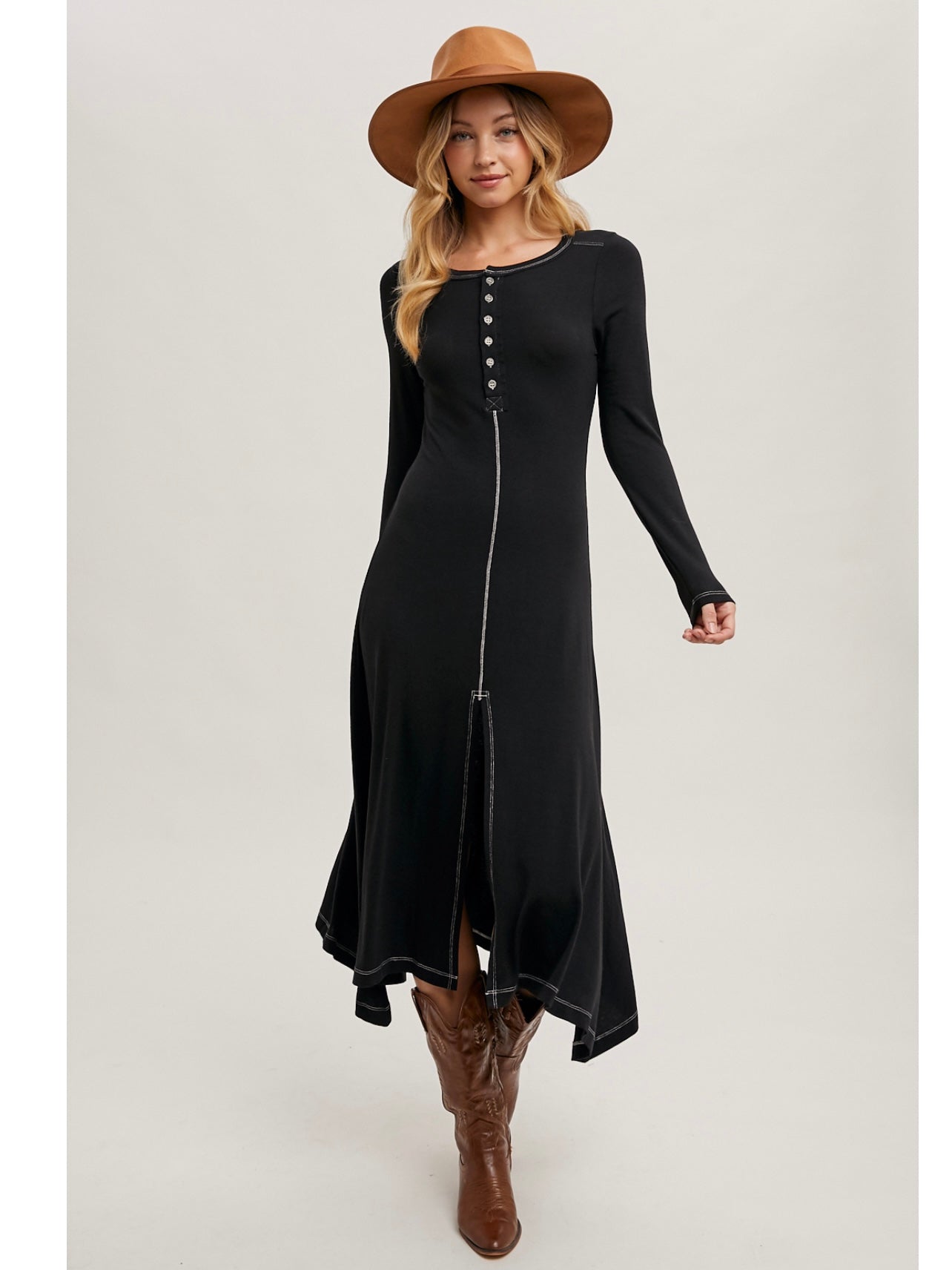 Button Down Front Slit Midi Dress in Black