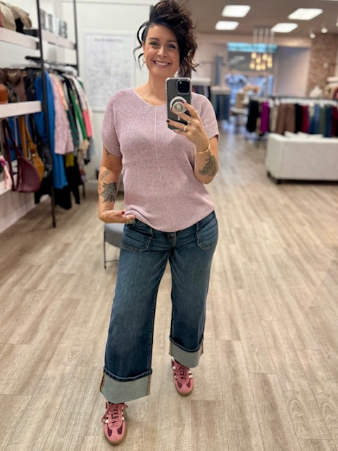 Center Seam Short Sleeve Sweater in Pink Grey