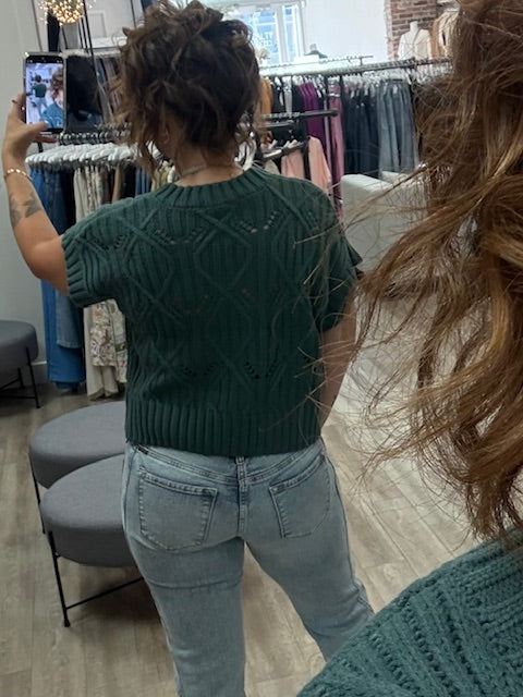 Cable Knit Short Sleeve Sweater in Ash Jade