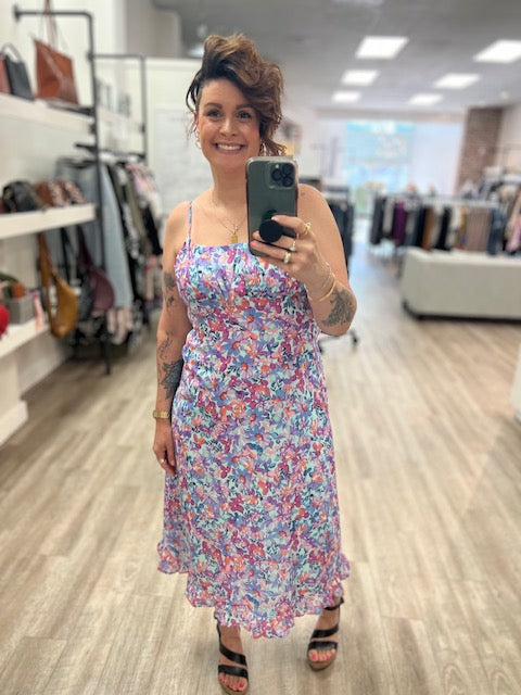 Spaghetti Strap Gathered Bust Midi Dress in Light Blue/Plum