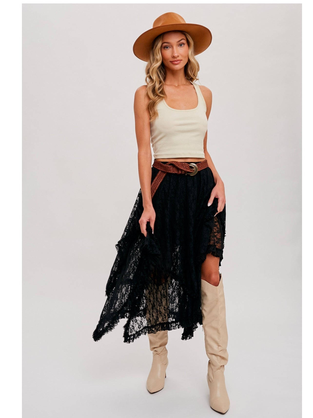 Lace Tier Midi Skirt in Black