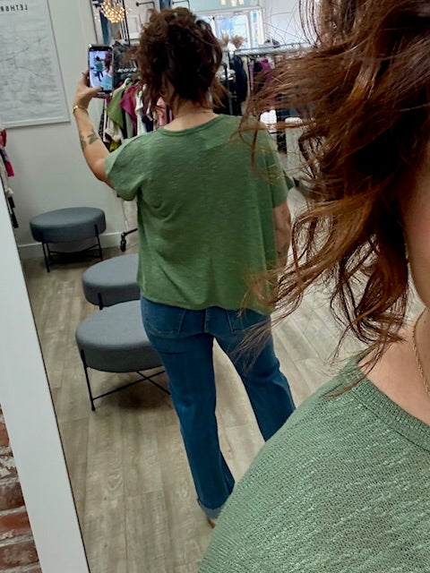 Oversized Slub Hacci Top With Pocket in Light Olive