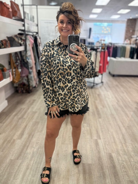 Animal Print Button Down Shirt in Almond