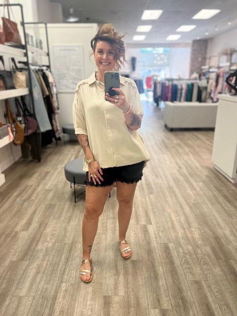 Washed Double Gauze Button Down Shirt Dress in Sand Biege