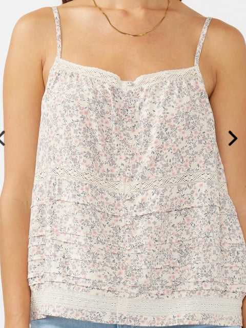 Lace Trimmed Button Down Floral Spaghetti Tank in Natural/Pink