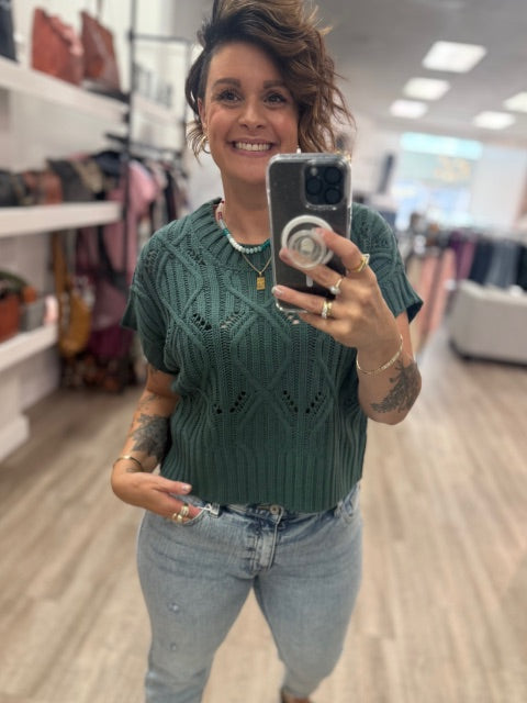 Cable Knit Short Sleeve Sweater in Ash Jade