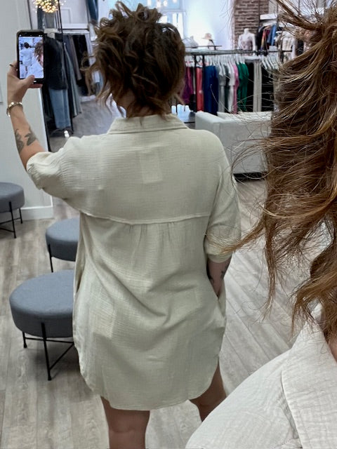 Washed Double Gauze Button Down Shirt Dress in Sand Biege