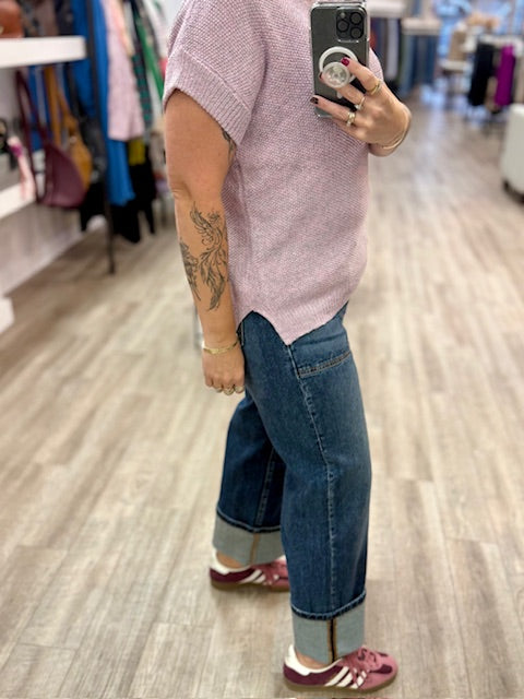 Center Seam Short Sleeve Sweater in Pink Grey