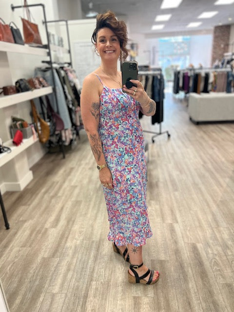 Spaghetti Strap Gathered Bust Midi Dress in Light Blue/Plum