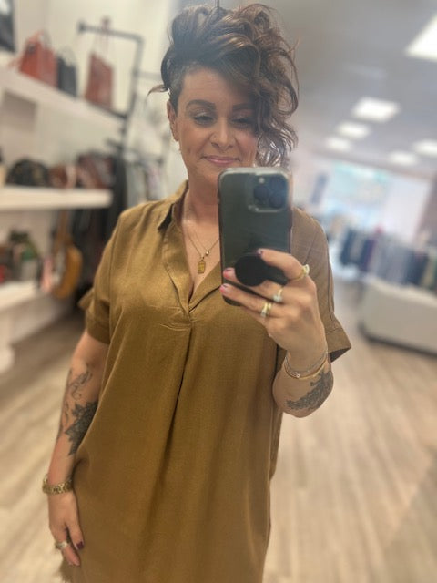 Washed Linen Raw Edge V-Neck Dress in Deep Camel