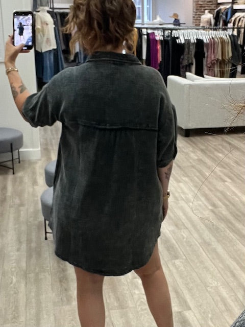 Washed Double Gauze Button Down Shirt Dress in Ash Black