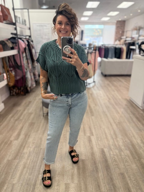 Cable Knit Short Sleeve Sweater in Ash Jade