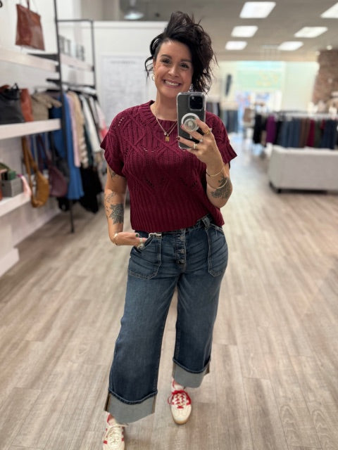 Cable Knit Short Sleeve Sweater in Cabernet