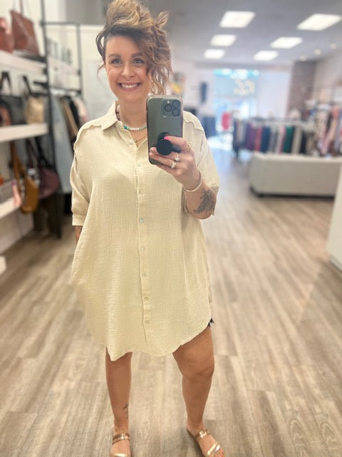Washed Double Gauze Button Down Shirt Dress in Sand Biege
