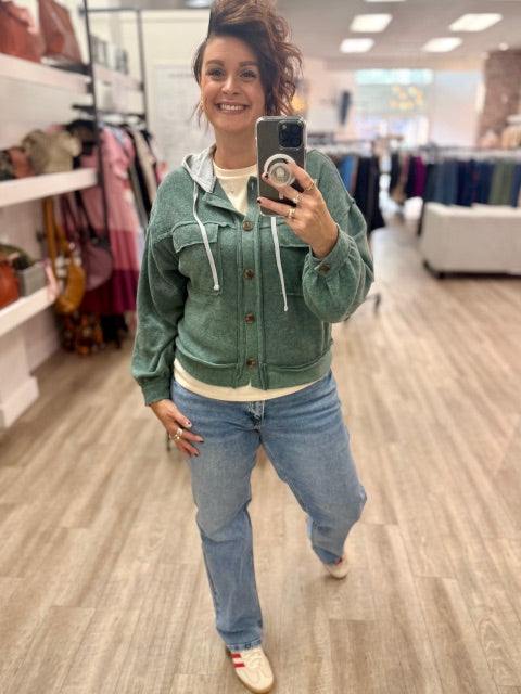 Brushed Hacci Hooded Button Down Shacket in Ash Jade