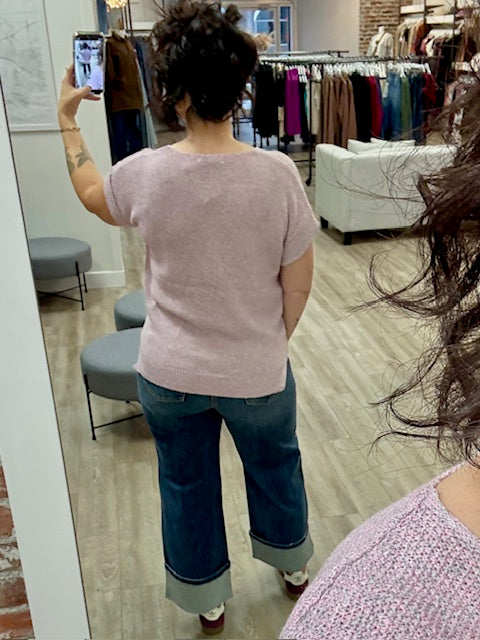 Center Seam Short Sleeve Sweater in Pink Grey