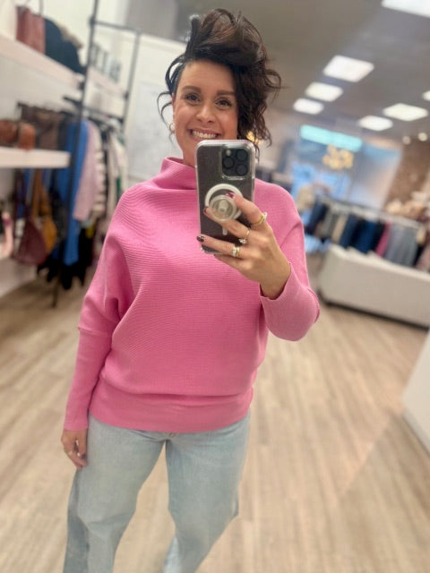 Dolman Sleeve Mock Neck Sweater in Candy Pink