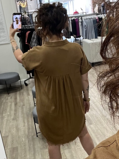 Washed Linen Raw Edge V-Neck Dress in Deep Camel