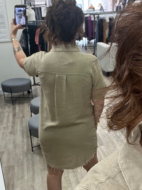 Washed Linen Raw Edge Button Down Dress in Beige
