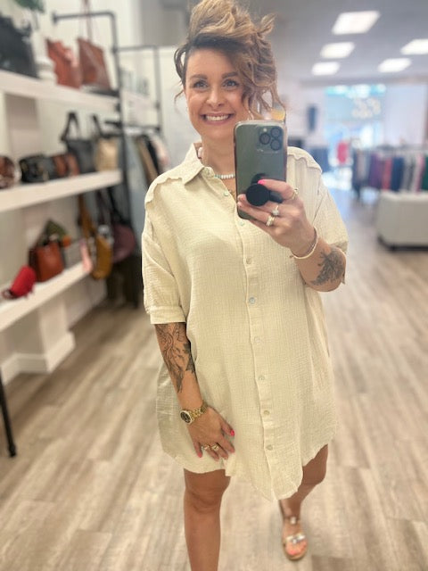 Washed Double Gauze Button Down Shirt Dress in Sand Biege