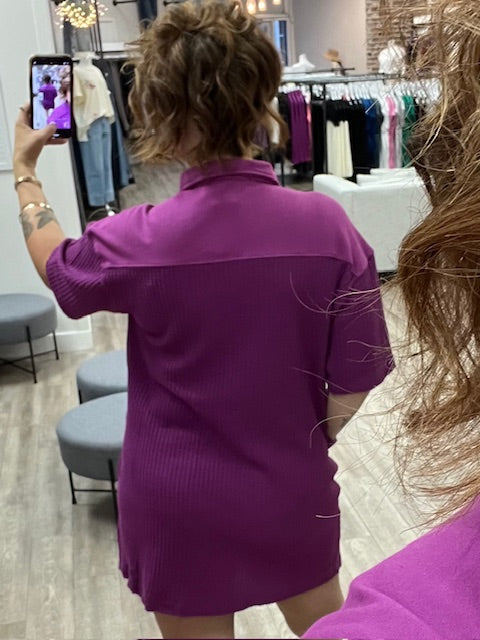 Waffle Half Button Dress With Pockets in Light Plum