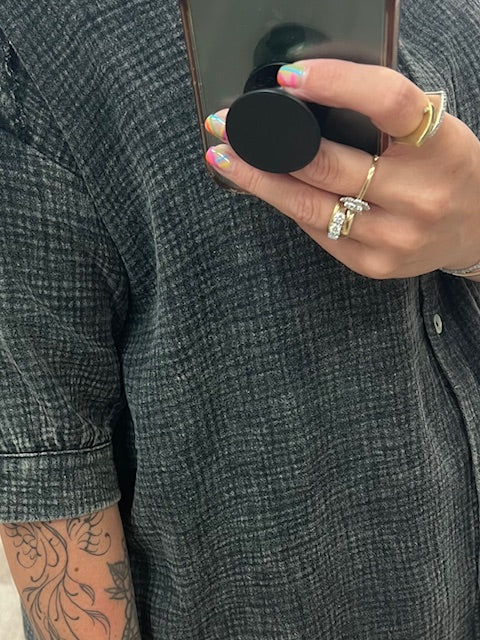 Washed Double Gauze Button Down Shirt Dress in Ash Black