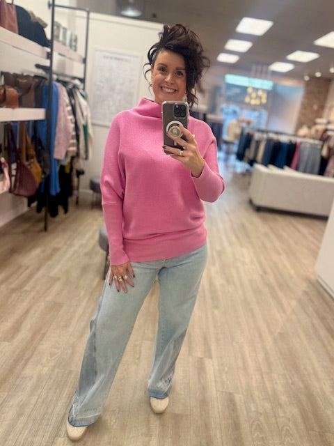 Dolman Sleeve Mock Neck Sweater in Candy Pink