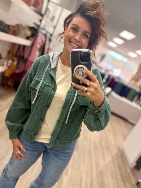 Brushed Hacci Hooded Button Down Shacket in Ash Jade