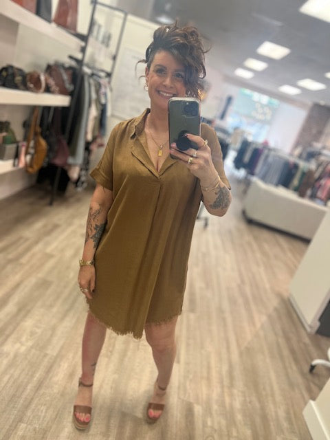Washed Linen Raw Edge V-Neck Dress in Deep Camel