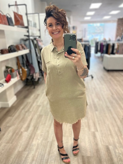 Washed Linen Raw Edge Button Down Dress in Beige
