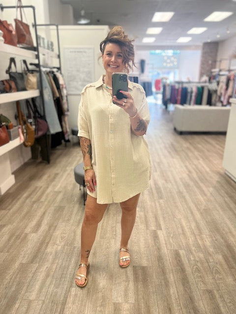 Washed Double Gauze Button Down Shirt Dress in Sand Biege