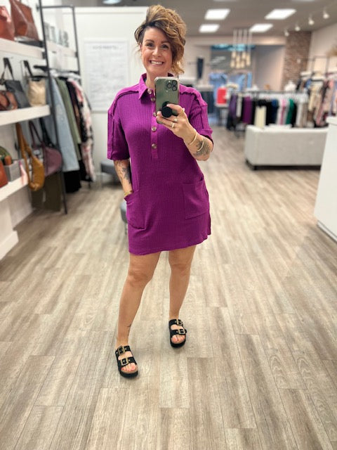 Waffle Half Button Dress With Pockets in Light Plum