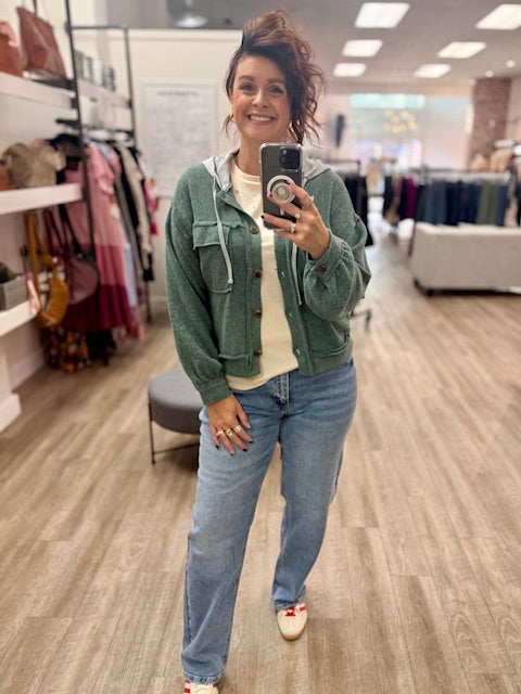 Brushed Hacci Hooded Button Down Shacket in Ash Jade