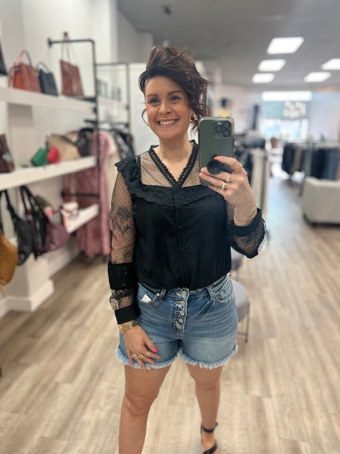 Button Down Polka Dot Sheer Ruffled Blouse in Black