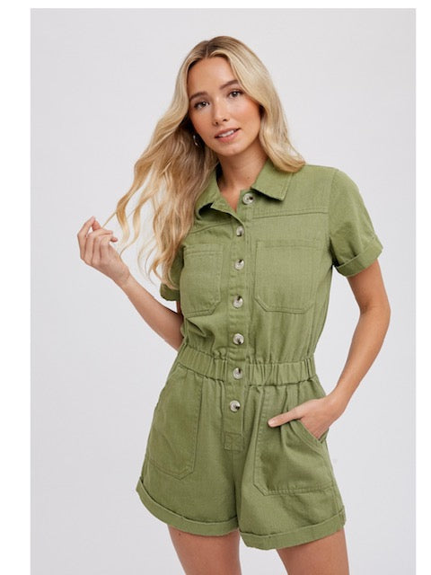 Button Front Cotton Romper in Light Olive