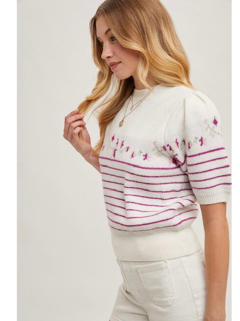 Striped Puff Short Sleeve Knit Sweater in Orchid