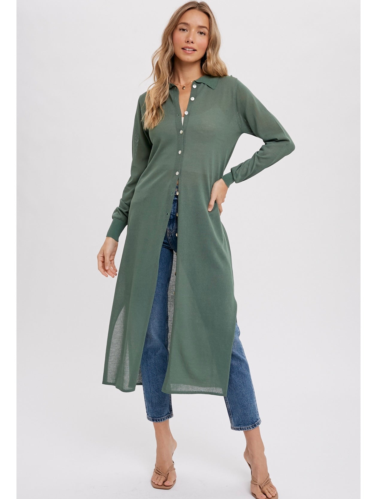Longline Knit Shirt Top in Sage