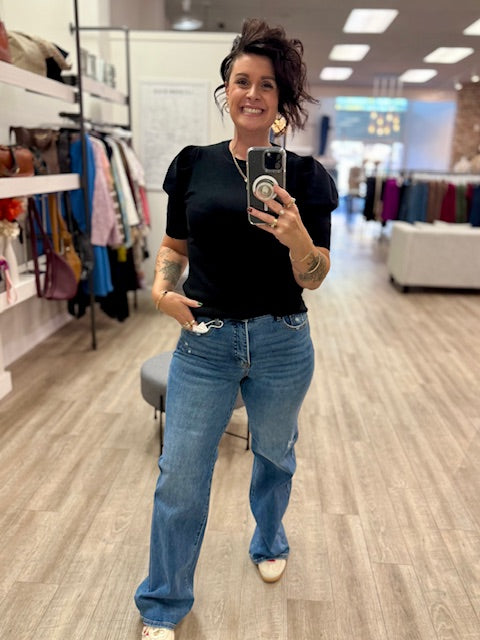 Tummy Control Elastic Band High Rise Wide Leg Jeans in Medium