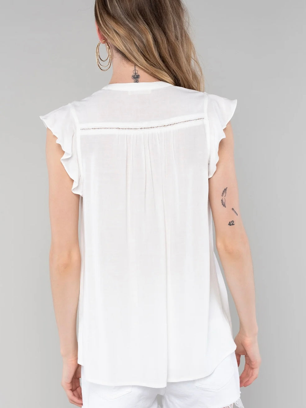 Flutter Cap Sleeve Button Down Tie Neck Blouse in Vanilla