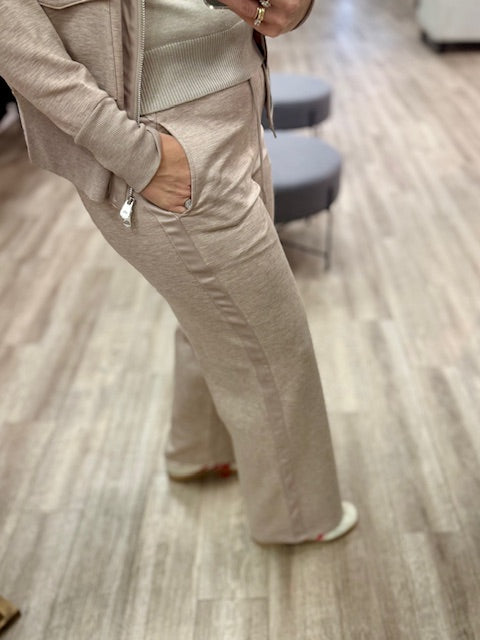 Erika Soft Knit With Satin Trim Drawstring Pants in Taupe Mel