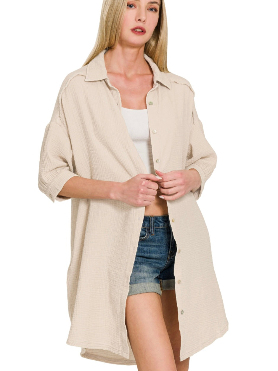 Washed Double Gauze Button Down Shirt Dress in Sand Biege